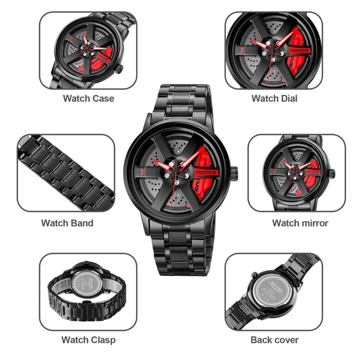 New Car Wheel Watch with Rolling Creative Fashion Analog Watch, Black Dial Zink Alloy Case Men's Watch, Stainless Steel Black Color Band, Quartz Movement, Water & Scratch-Resistant-199 ⭐⭐⭐⭐⭐(4.9/5)