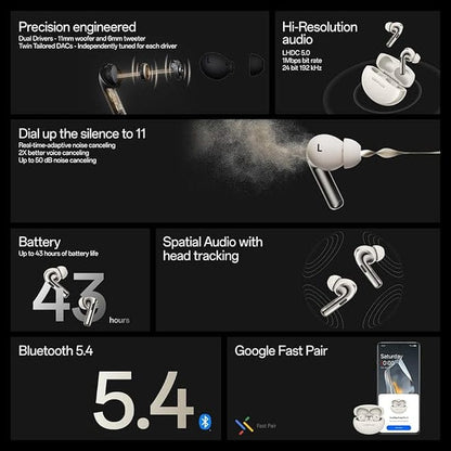 OnePlus Buds Pro 3 Bluetooth TWS in-Ear Buds – Dual Drivers, Dual DACs, Dynaudio EQs, AI-Powered Translator, Up to 50dB Adaptive Noise Cancellation, Up to 43Hrs Battery. ⭐⭐⭐⭐⭐ (4.9/5)